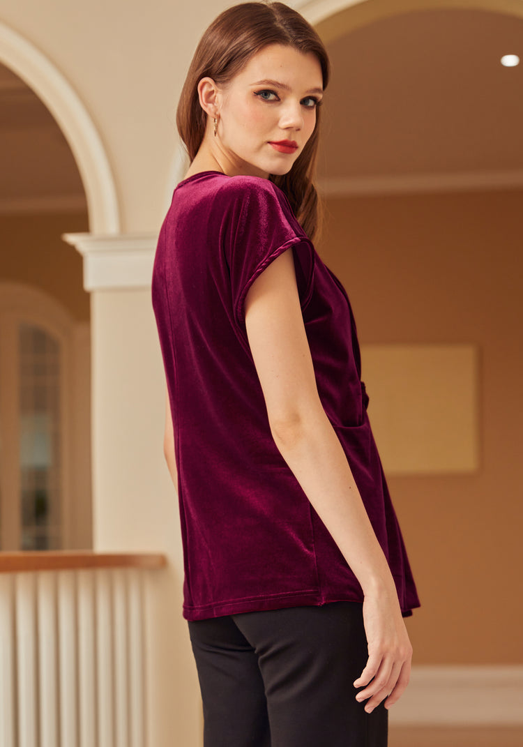 LuxeVelvet Twist-Front Cap Sleeve (Red Dahlia)