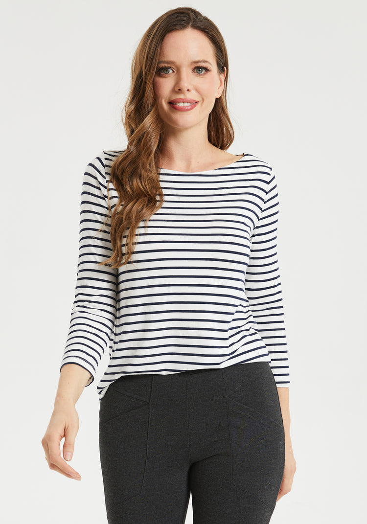 3/4 Sleeve Boatneck (Navy Stripe)