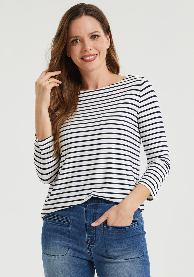 3/4 Sleeve Boatneck (Navy Stripe)